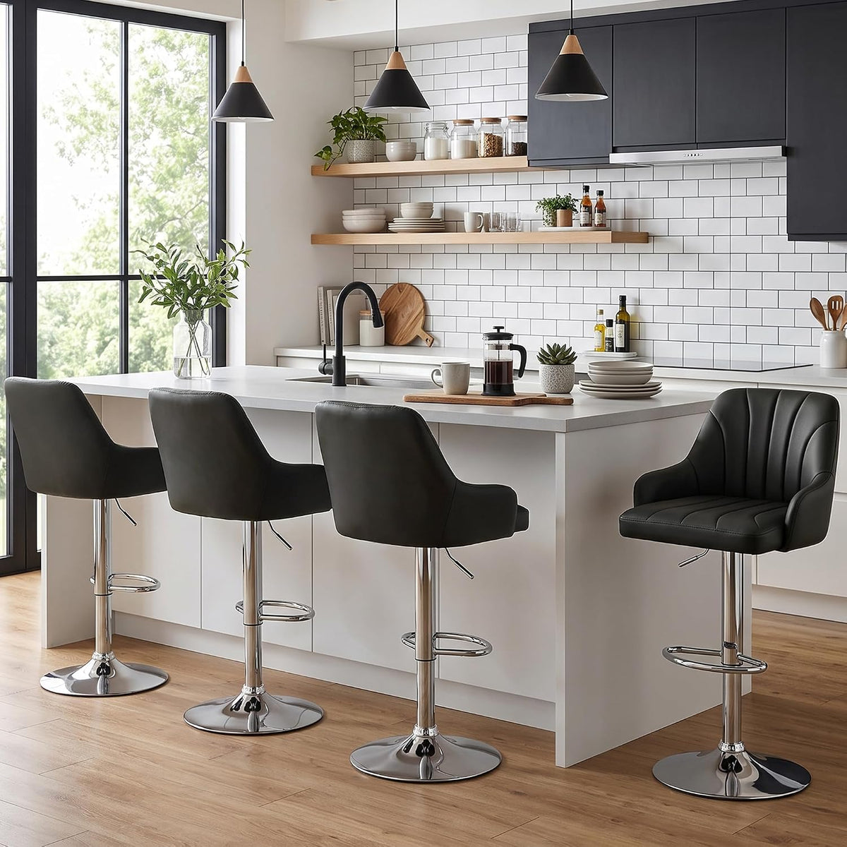 VECELO Bar Stools Set of 2, Adjustable Barstools, Counter Height Stools with Back and Arm, Kitchen Island Stools, Swivel PU Chairs for Pub, Dining Room, Modern Style, Black