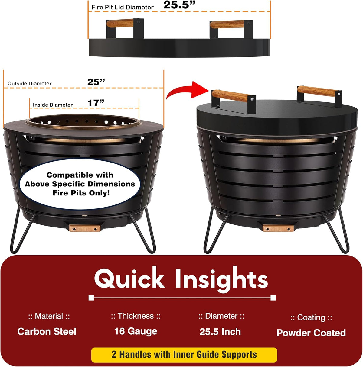 FEBTECH Firepit Lid Compatible with Fire Pit Inside up to 23" - Carbon Steel Tabletop Fire Pit Cover with 2 Heat Resistant Wooden Handles - Fire Pit Accessories for Family Gatherings & Bonfire