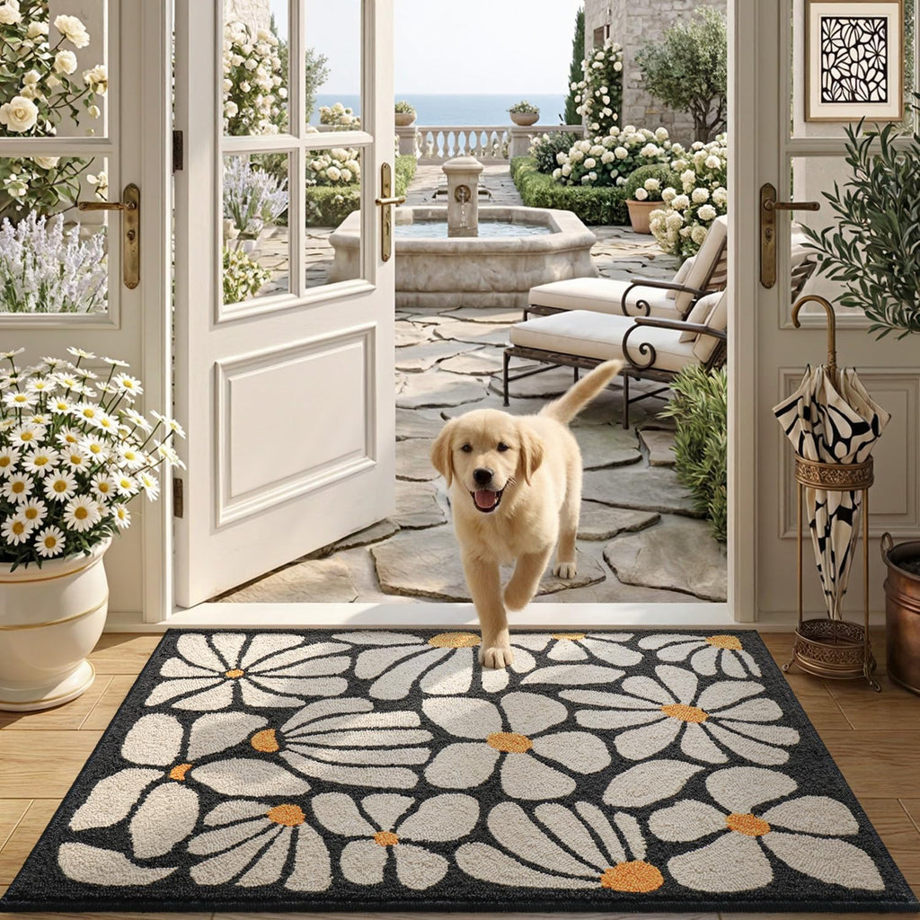 DEXI Front Door Mat Indoor Entrance 32x48, Non Slip Doormat, White Floral