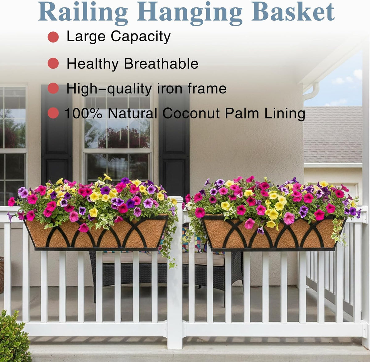 Window Deck Railing Planters Boxes with Coconut Liner, The Bottom Flat Window Boxes Planters Flower Boxes Metal Black Balcony Planter Railing Hanging for Outdoor Fence Porch Patio Lawn(4Pcs 24 Inch)