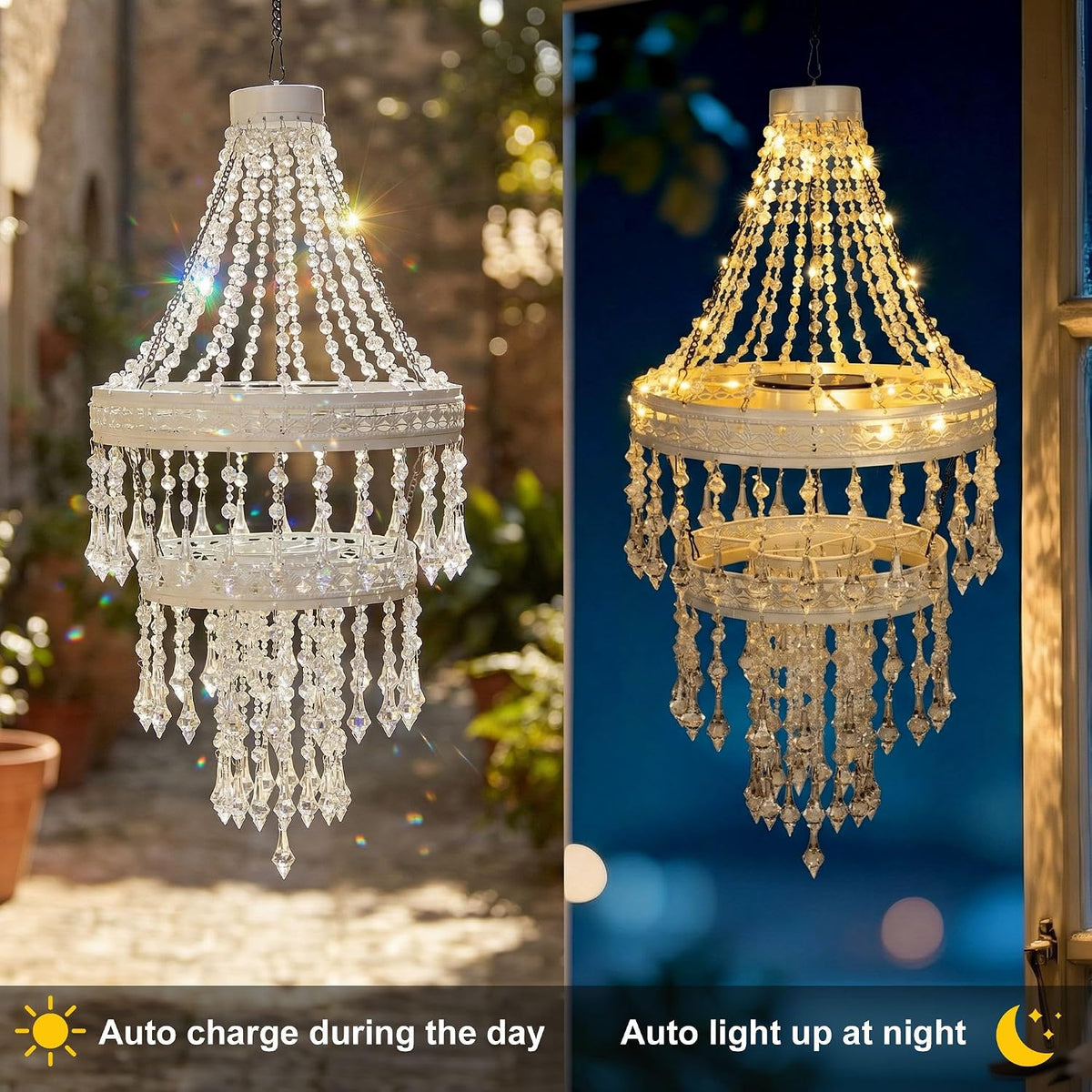 Solar Crystal Hanging Chandelier Outdoor Decorative Garden Light | Acrylic Crystals with 30 Warm LEDs for Gazebo, Wedding, Party, Tree Perfect Gift for Mom