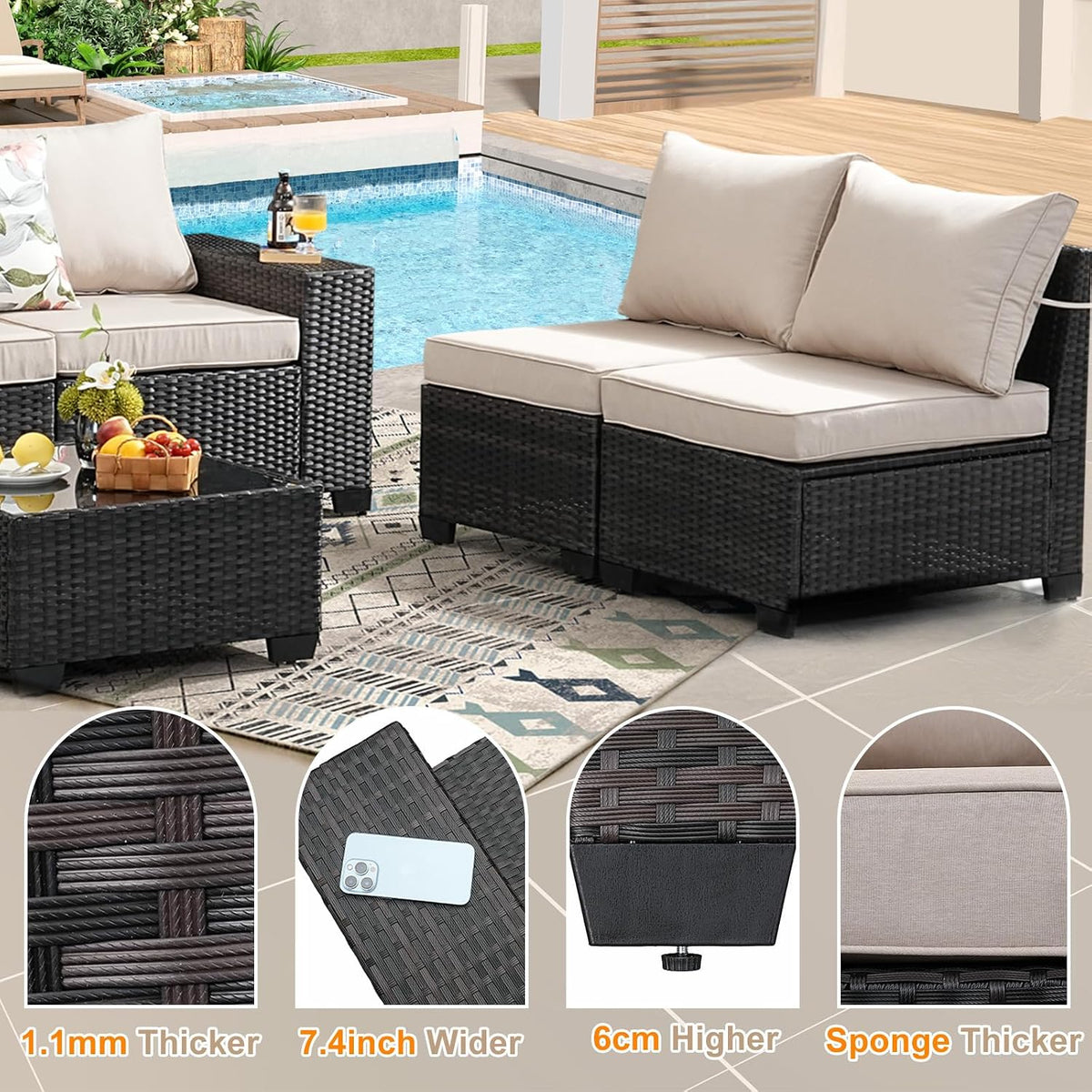 5-Piece Outdoor Patio Furniture Set, Modular Wicker Sectional Sofa with Thick Cushions & Coffee Table, All-Weather Rattan Conversation Set for Backyard, Porch, Poolside, Beige