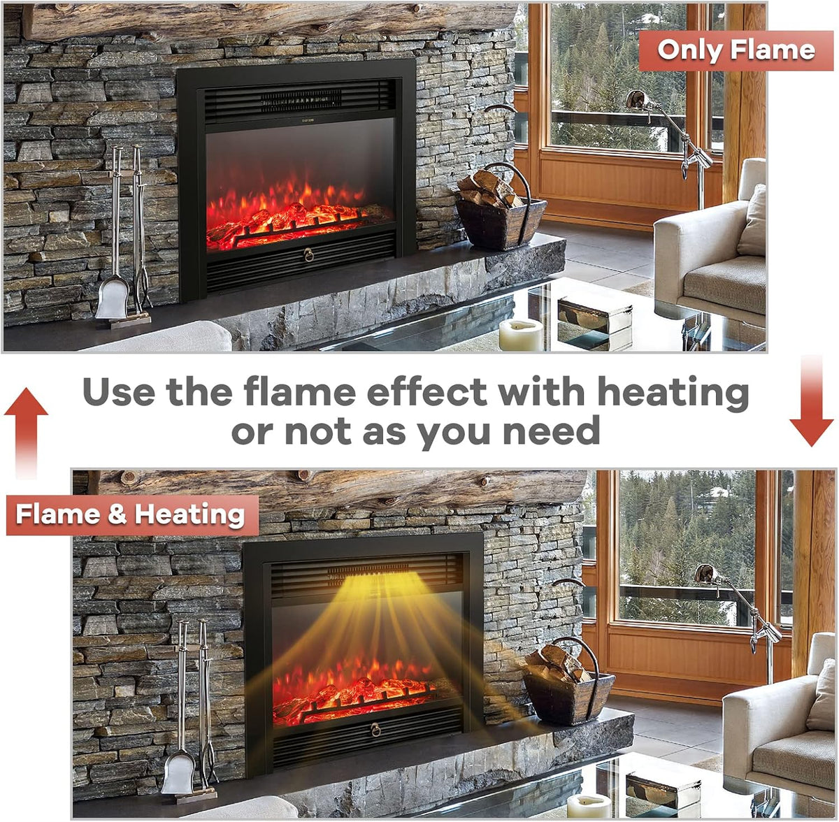 GLACER 28.5'' Electric Fireplace Insert, Recessed & Freestanding with Adjustable Flame Color Timer, Indoor Heater w/Remote Control (750W/1500W) Black