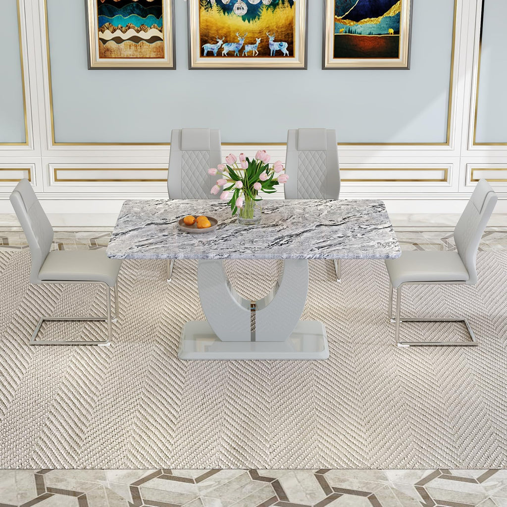 JUFU Dining Table Set for 4, 63" Faux Marble Dining Room Table Set with 4 Light Grey PU Leather Chairs, Modern Kitchen Table and Chairs Set, Rectangular Kitchen Table Set for Apartment, Dining Room (5-Piece)