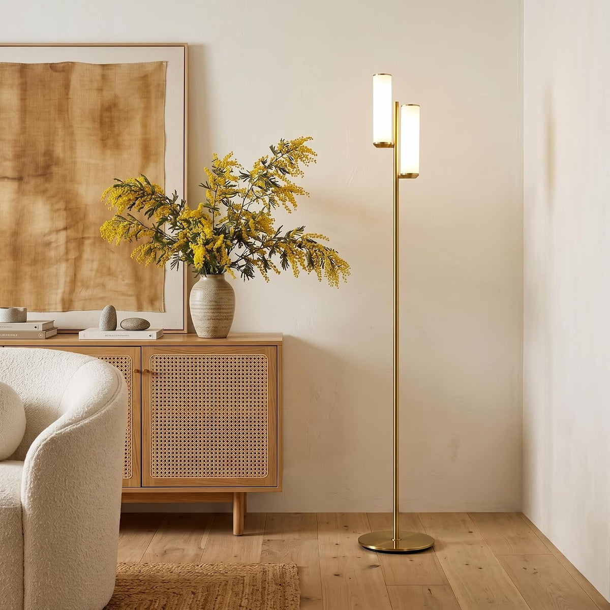 Brightech Gemini Dimmable Floor Lamp with Two Lights - Modern Tall Tree Lamp for Bedroom, Office, Living Room - Gold/Brass