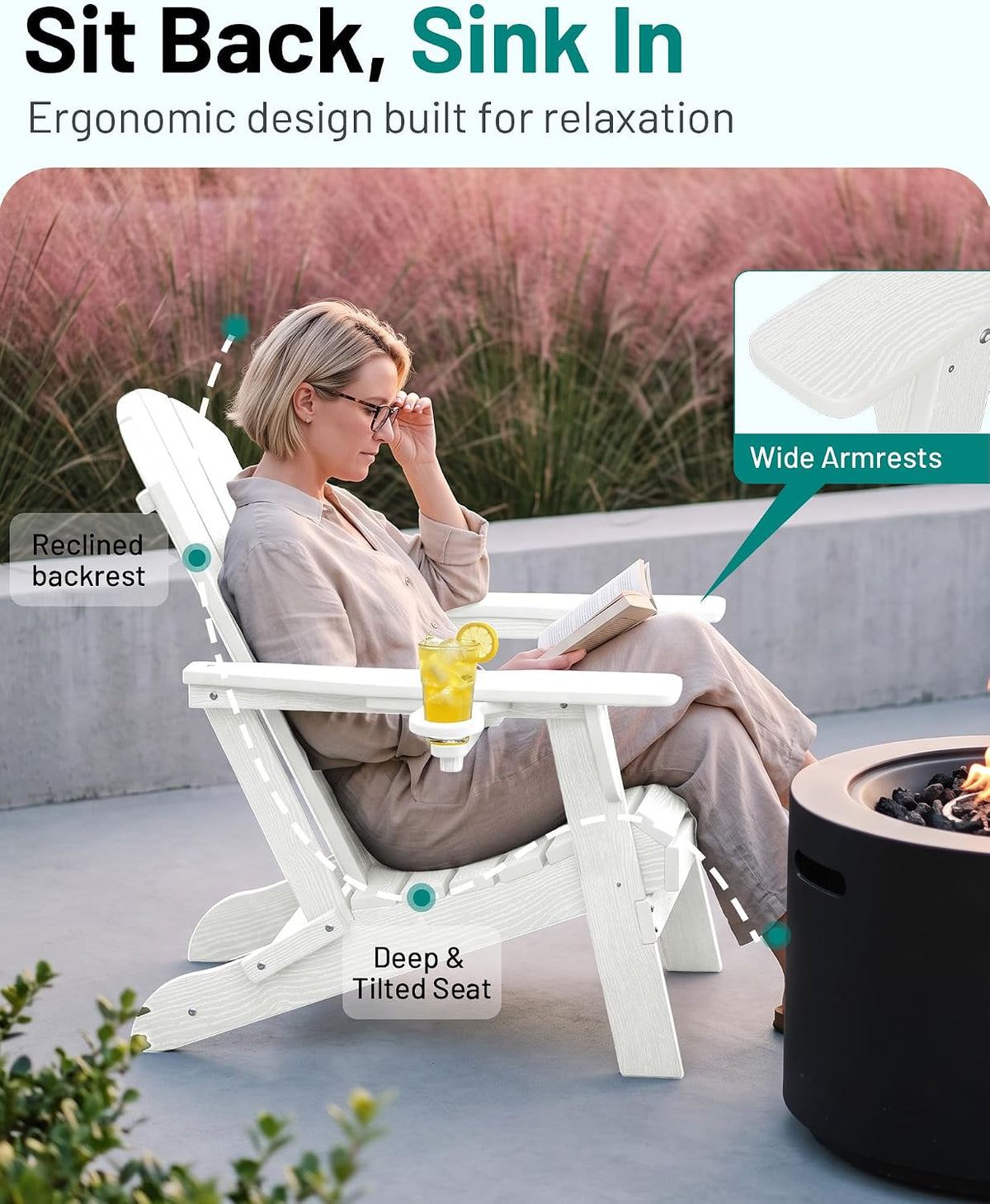 PLUUV Folding Adirondack Fire Pit Chairs Set of 6 with Cup Holders,White