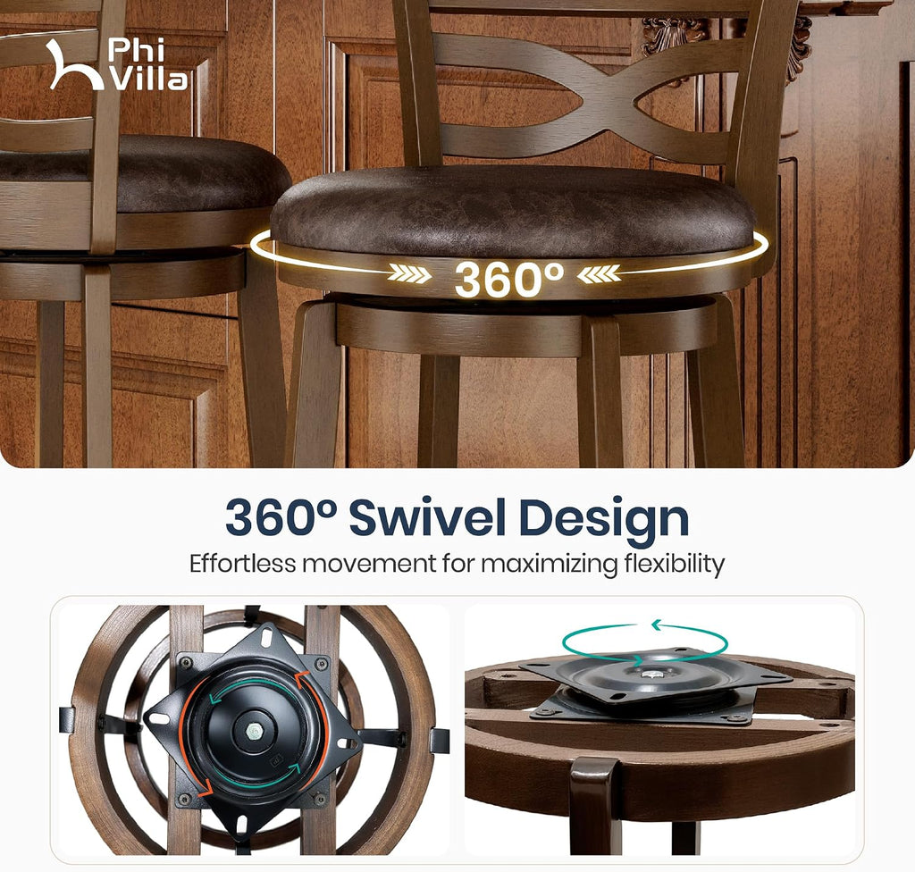 PHI VILLA 30 Inch Bar Height Stools Set of 4, Swivel Barstools with Back