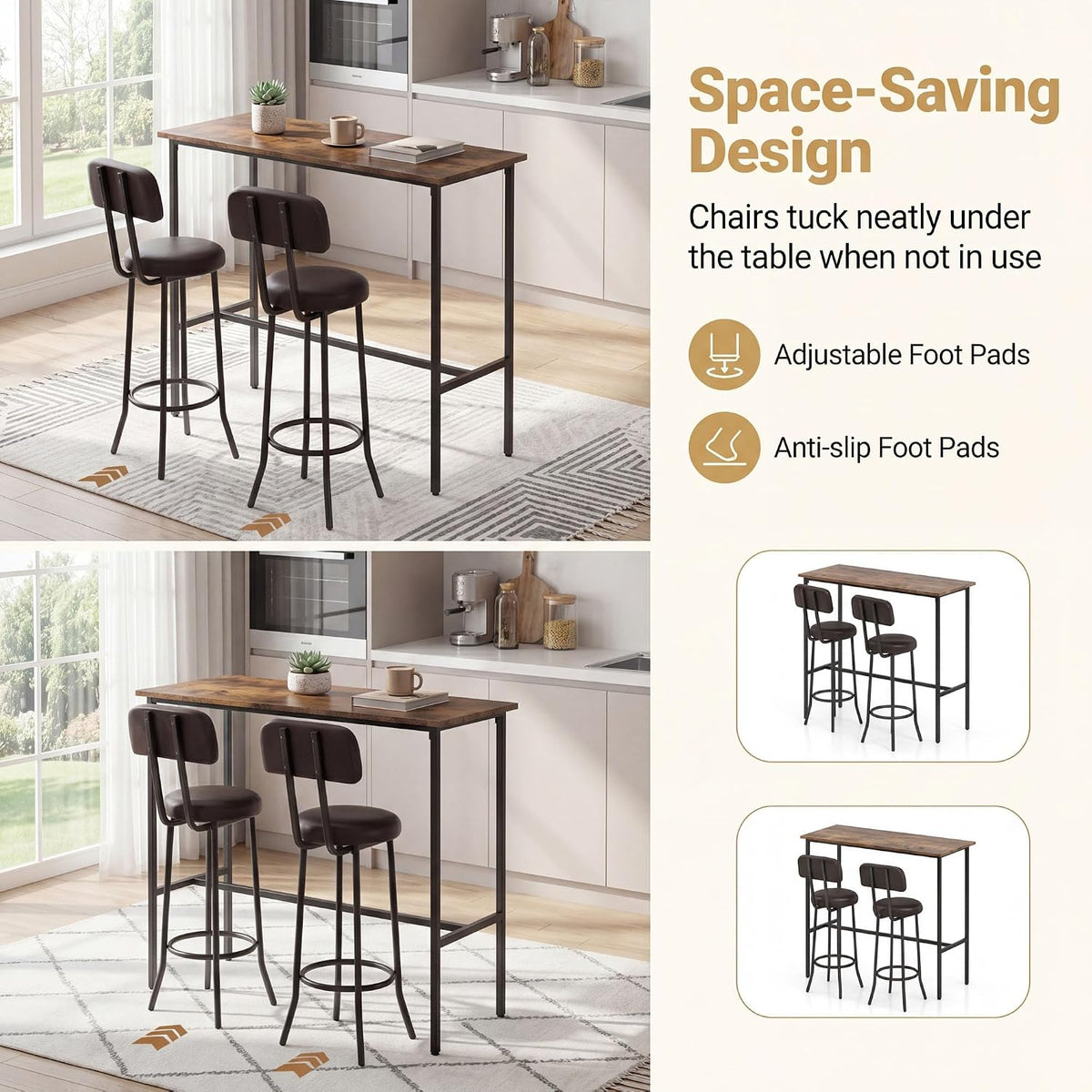 GIANTEX 3-Piece Bar Table and Chairs Set, Counter Height Pub Table and 2 Upholstered Stools with Backrest & Footrest, Space-Saving High Top Bistro Table Set for Breakfast Nook, Small Space