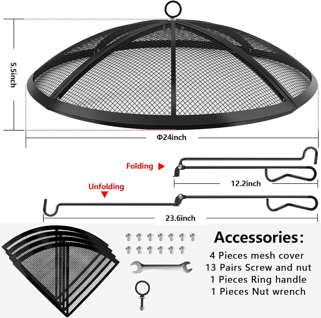Fire Pit Spark Screen, Fire Pit Screen 24 Inch Round with Handle & Poker