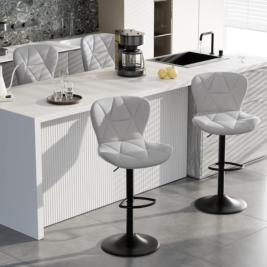 Bar Stools Set of 2,Faux Leather Bar Chairs,Upholstered Counter Height with High Backrest for Kitchen Island, Light Grey