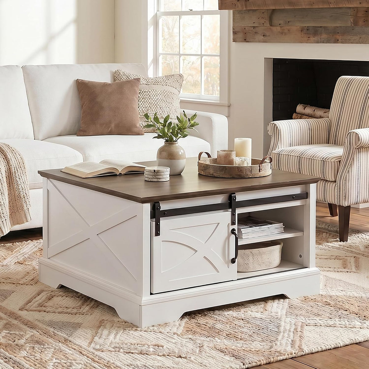 31.5" Farmhouse Coffee Table with Storage, Hinged Lift Top Coffee Table