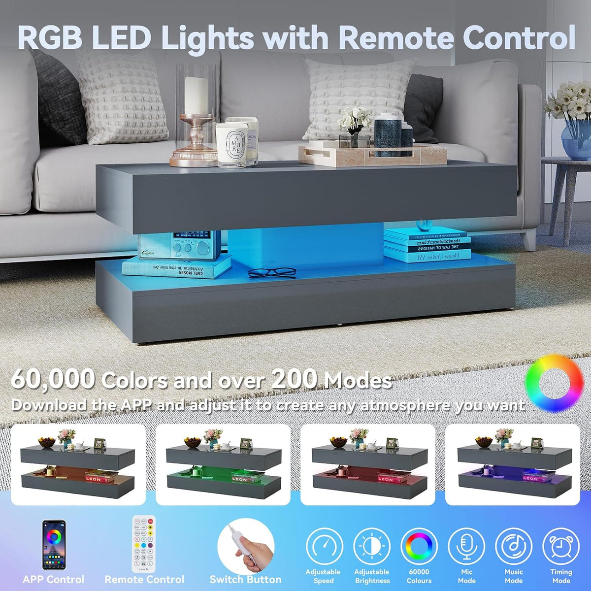Verano Garden 47" High Gloss LED Coffee Table, Large Storage Center Table