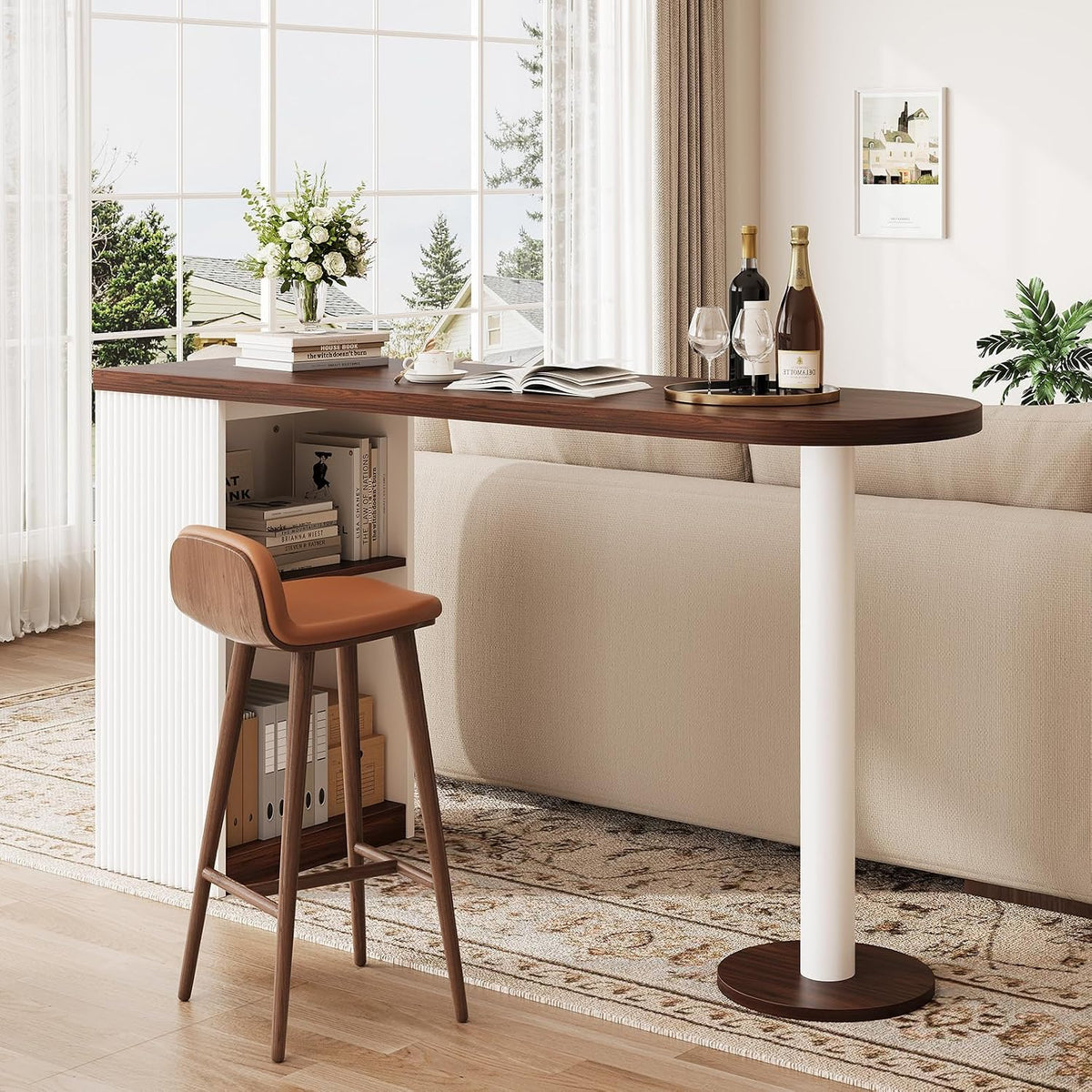 55" Bar Table with Storage, Modern Counter Height Table, Walnut