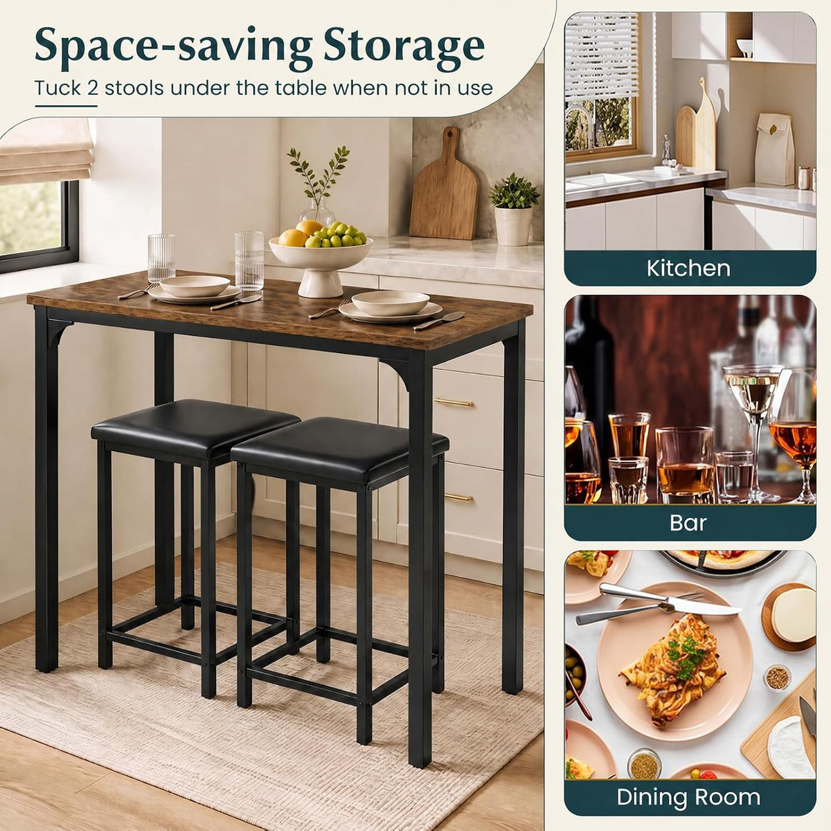 COSTWAY Dining Table Set, Counter Height Table, 2 Upholstered Stools
