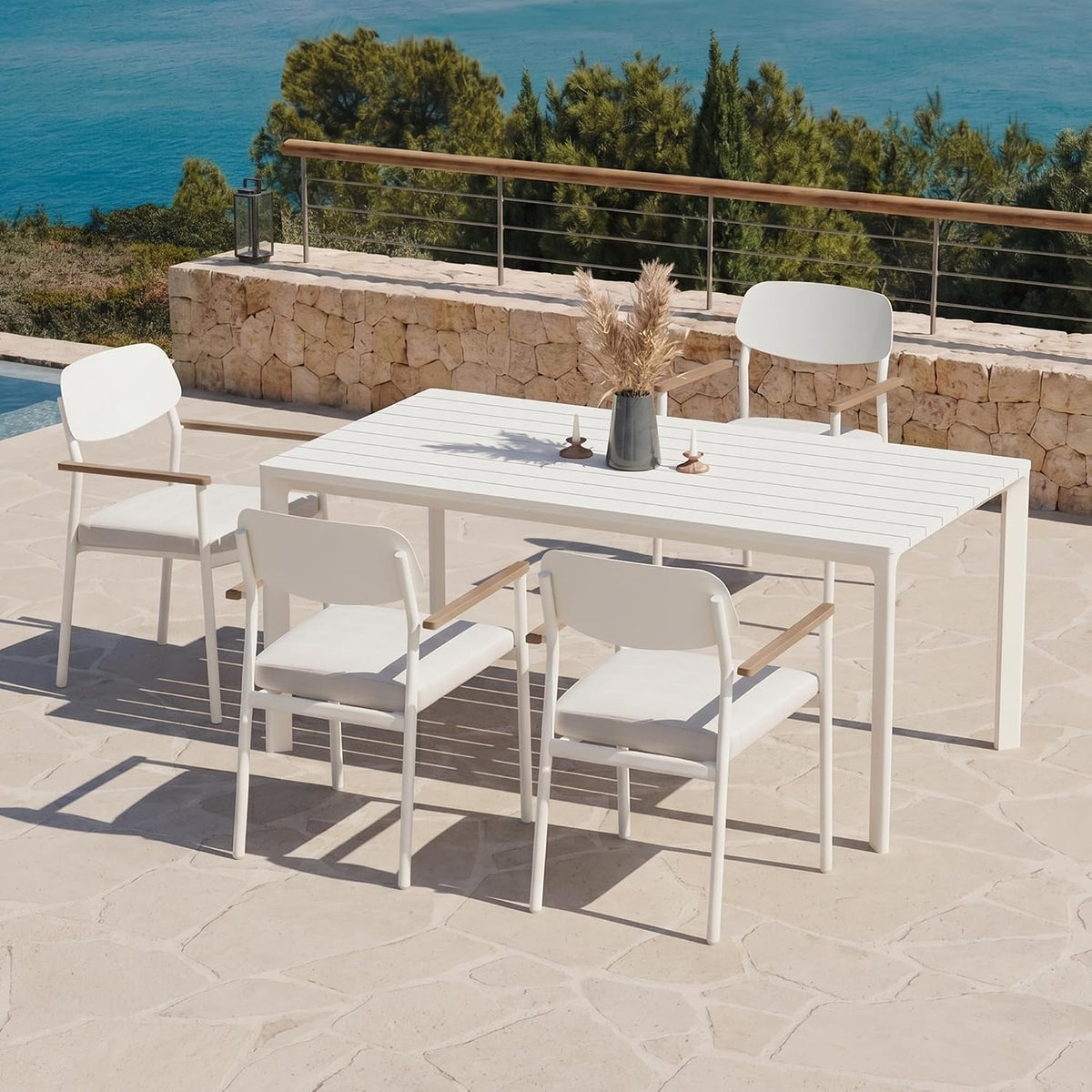 Modern Shade Luxury Outdoor Dining Chairs Set of 4, Fade Resistant, All-Aluminum Outdoor Chairs with FSC Teak Wood Armrests, Weather-Resistant Patio Chair with Quick Dry Cushion, White