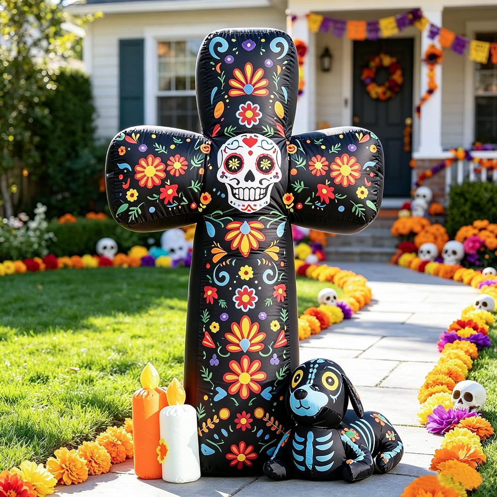 DomKom 6 FT Halloween Inflatable Outdoor Decorations, Day of the Dead Cross Blow Up with Skeleton Dog & Candles, Built-in LED Lights, Día de Los Muertos Yard Decoration for Lawn, Garden, Porch
