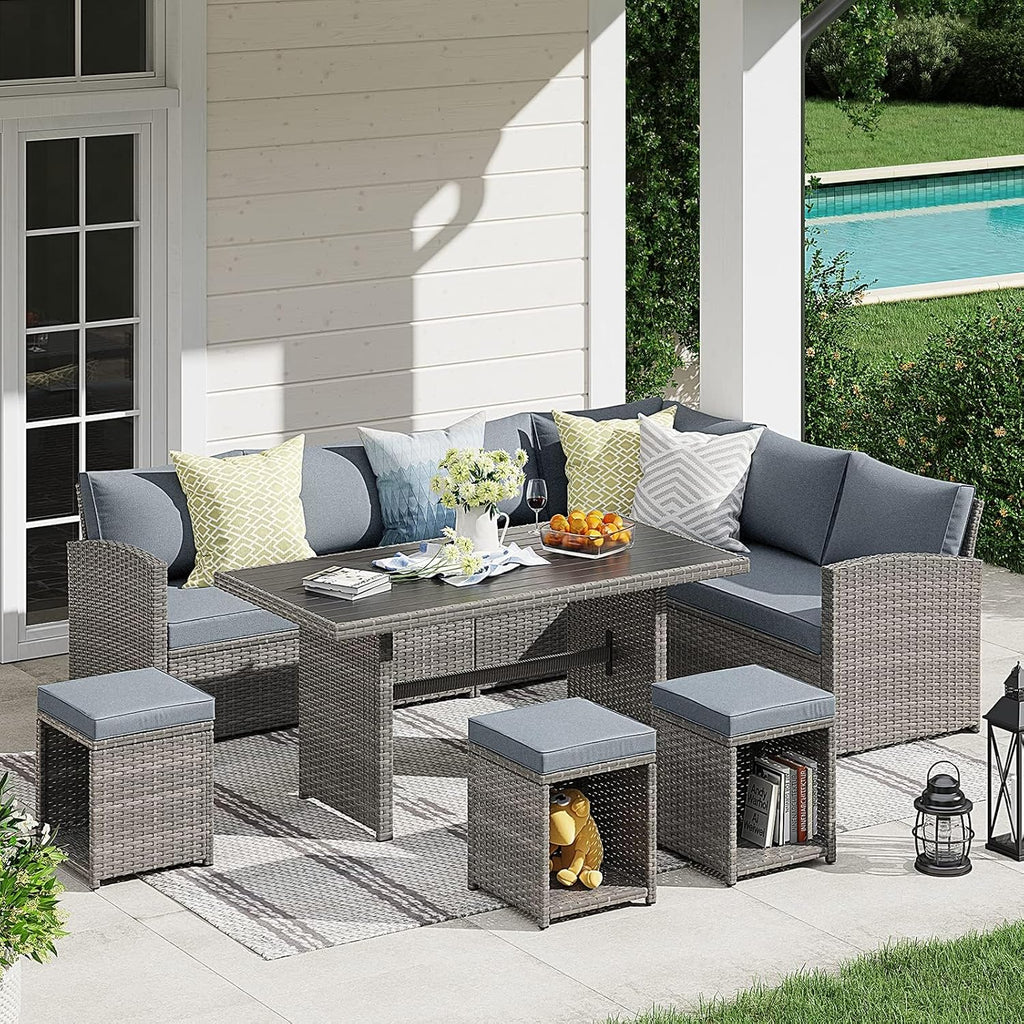 JOIVI 7 Piece Wicker Patio Furniture Set w/Dining Table & Ottomans, Gray