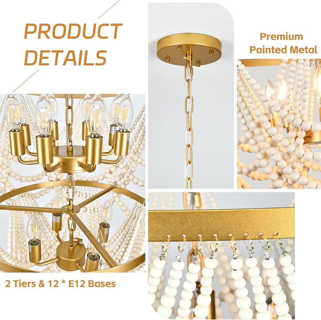 12-Light 25.6" Boho Wood Beaded Chandelier for Living Room, H88 Adjustable 2-Tier Gold Large Boho Chandelier for Entryway, Dimmable Coastal Chandeliers for Bedroom Foyer Staircase