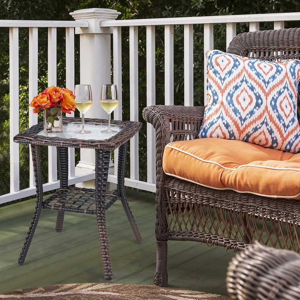 Outvita Rattan Outdoor Side Table with Glass Top & Storage Shelf