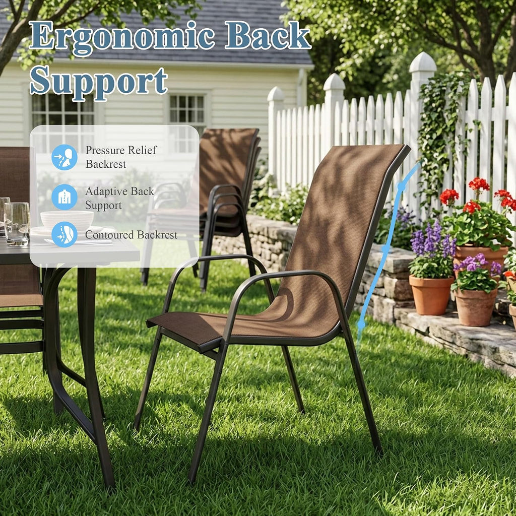 DIFY Patio Chairs Set of 6, Stackable Outdoor Dining Chairs Set with Breathable Textilene High Back and All-Weather Metal Frame for Garden, Backyard, Deck, Brwon