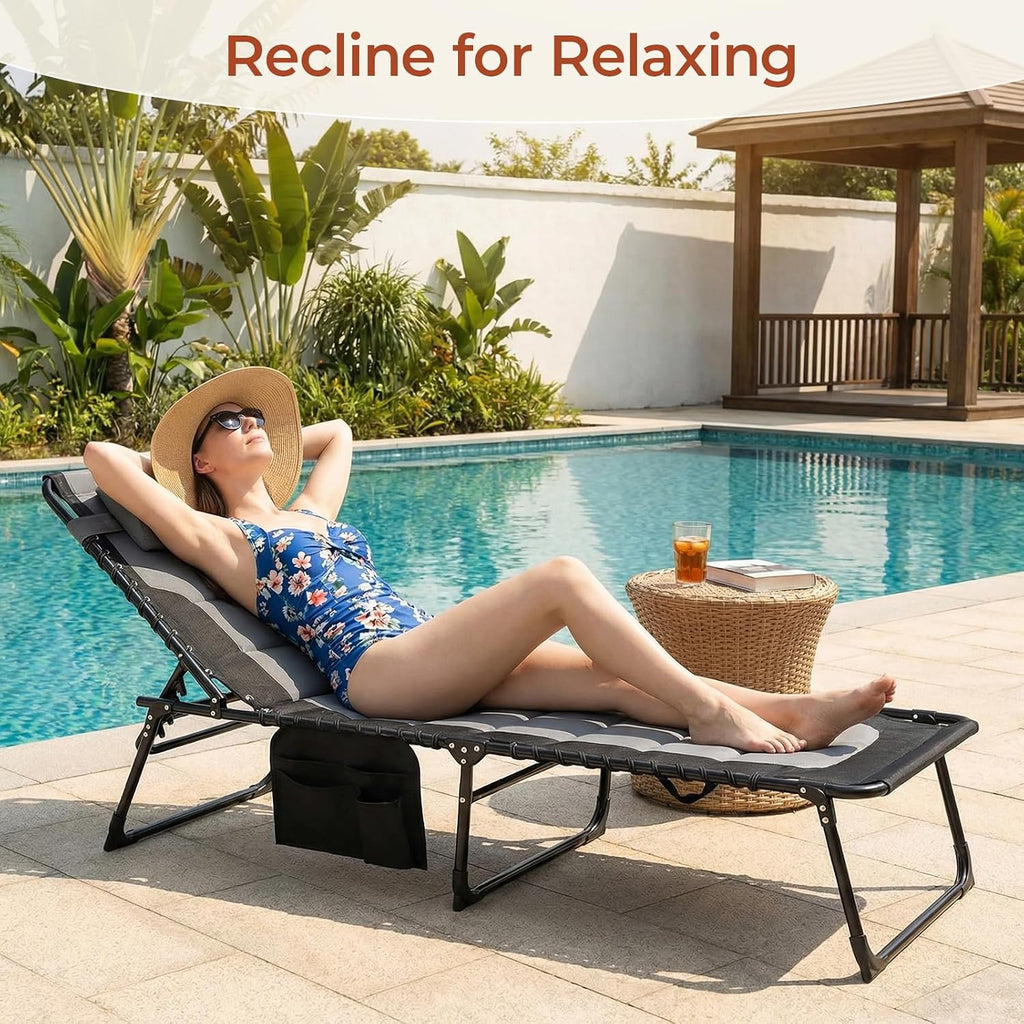 TLSUNNY Padded Folding Lounge Chair with Pillow & Side Pocket