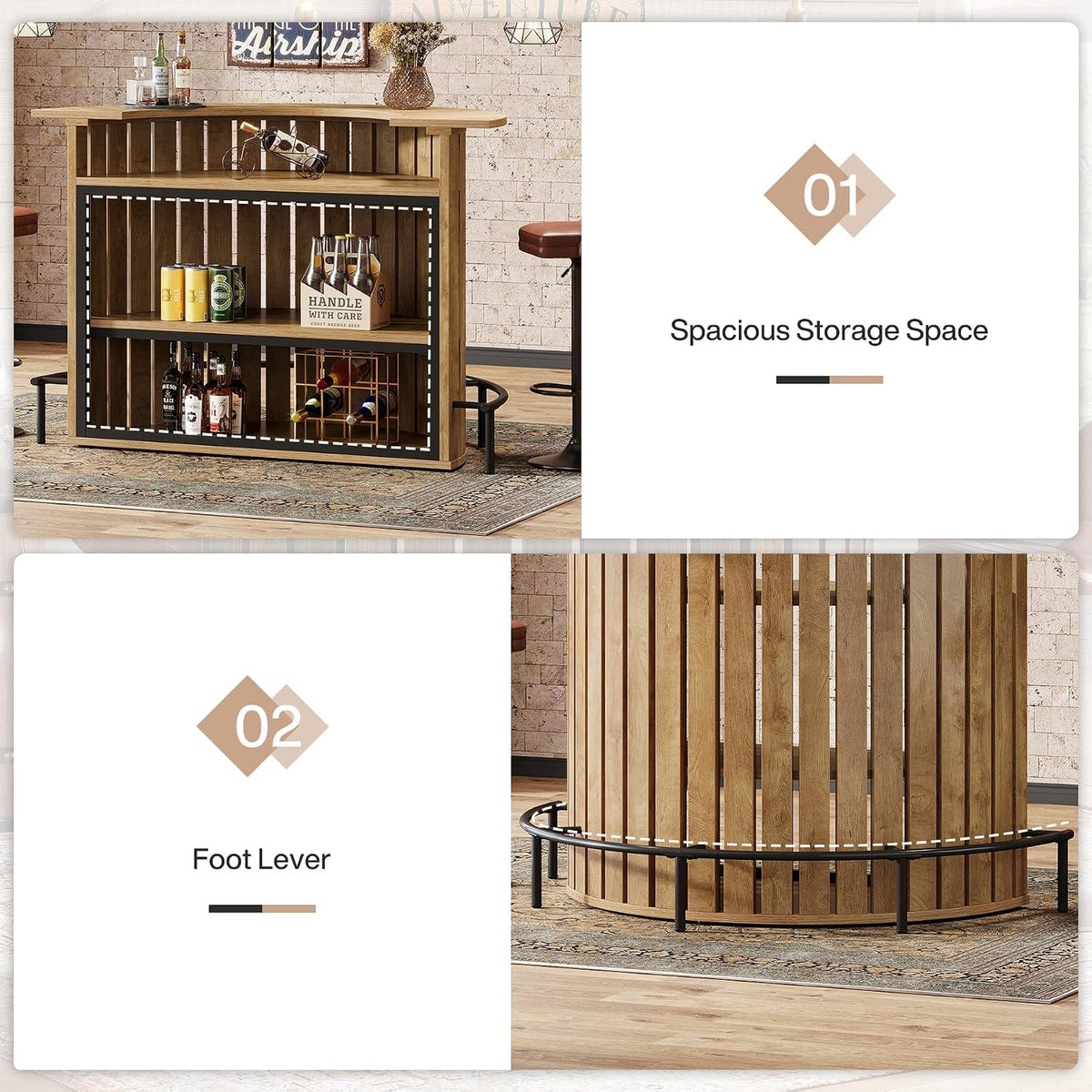 Tribesigns 4-Tier Bar Table, 47.24" Mini Home Bar Table with Footrest, Arc-Shaped Modern Bar Cabinet for Home, Living Room, Light Brown