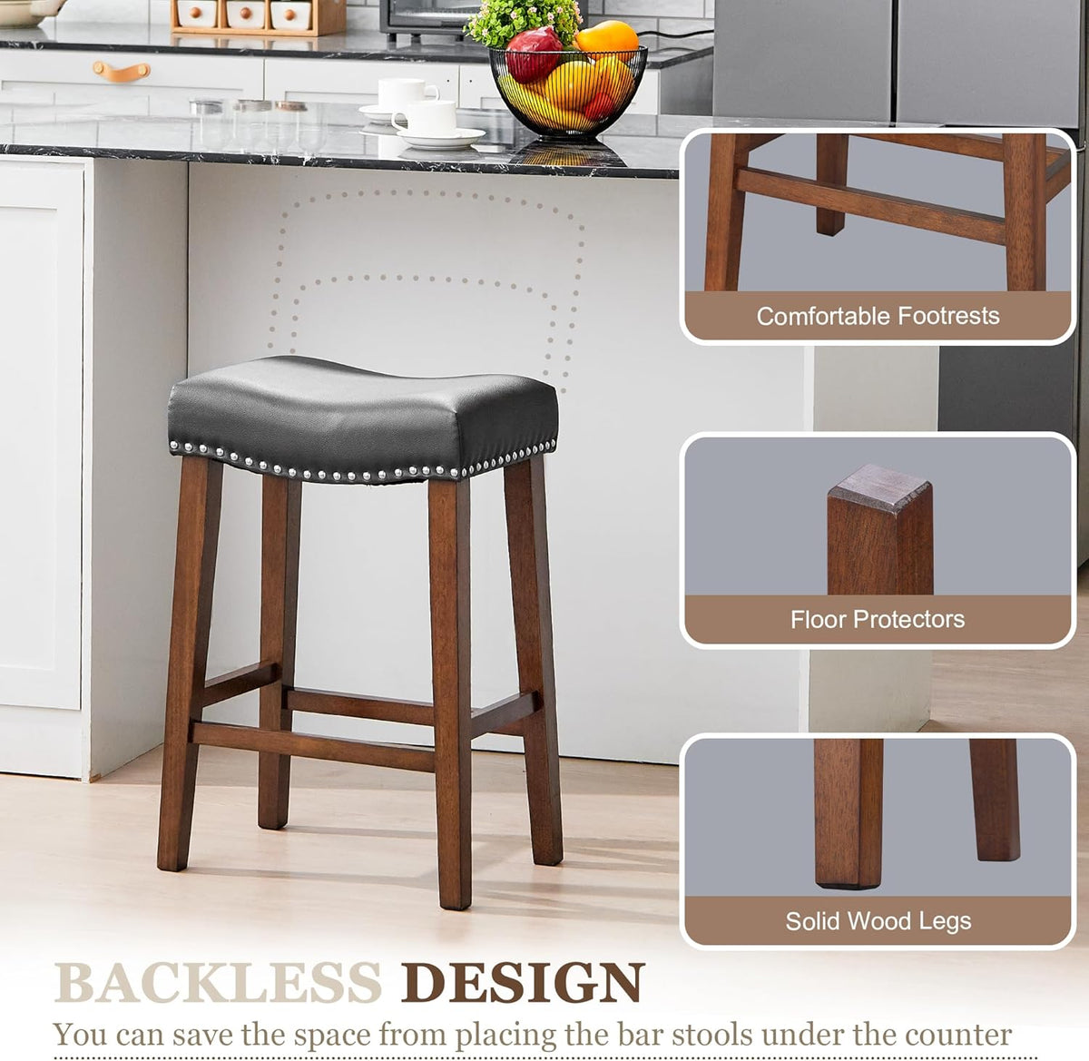 PrimeZone 26 Inch Solid Wood Saddle Backless Bar Stools Set of 2, Black
