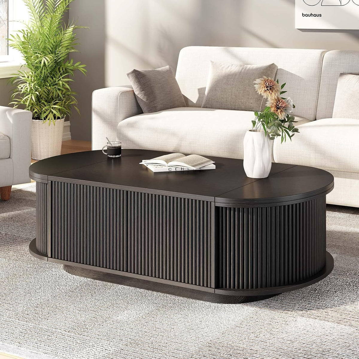 HSH 47" Oval Coffee Table with Storage, Black Coffee Table for Living Room