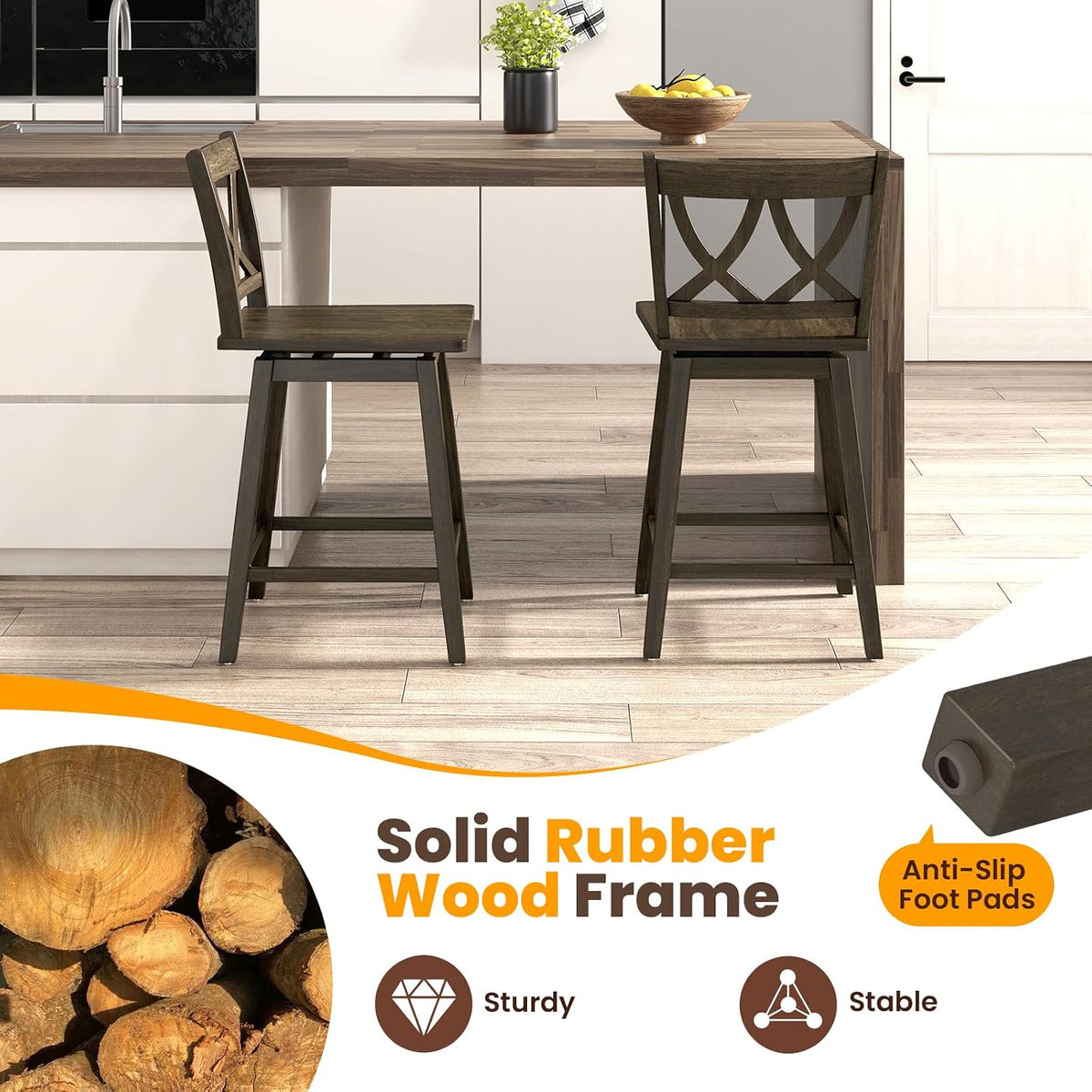 GIANTEX 24" Bar Stools Set of 2, Swivel Wooden Bar Chairs with Rubber Wood Frame, Footrest & Ergonomic Backrest, Counter Height Barstools for Kitchen Island, Restaurant & Pub, Dark Grey
