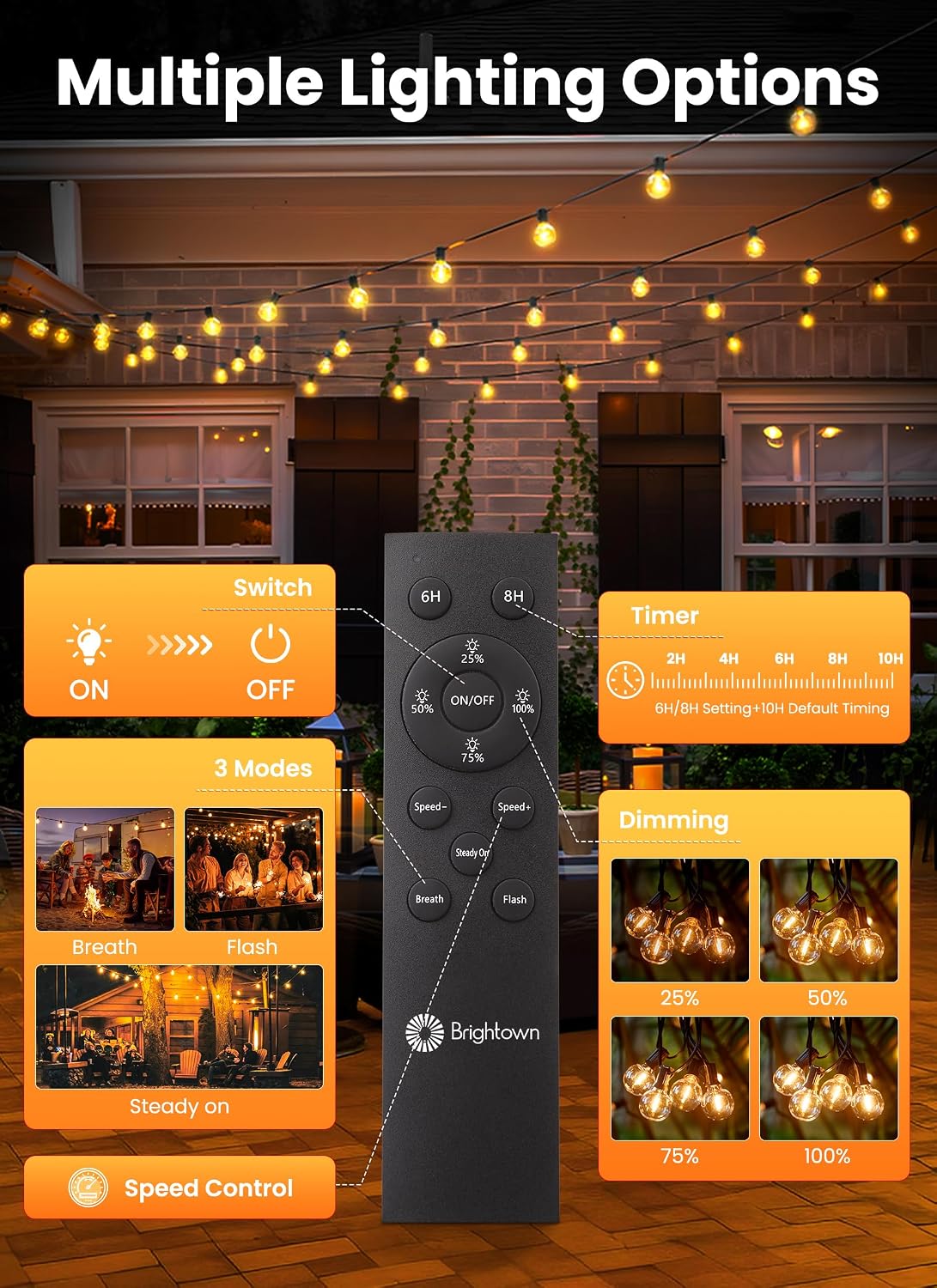 Brightown 108FT 52LED Solar String Lights Outdoor with Remote & USB Port