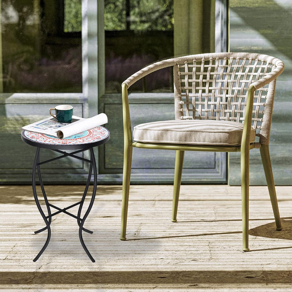 VCUTEKA Mosaic Outdoor Side Table, 14" Round Small Patio Accent Table