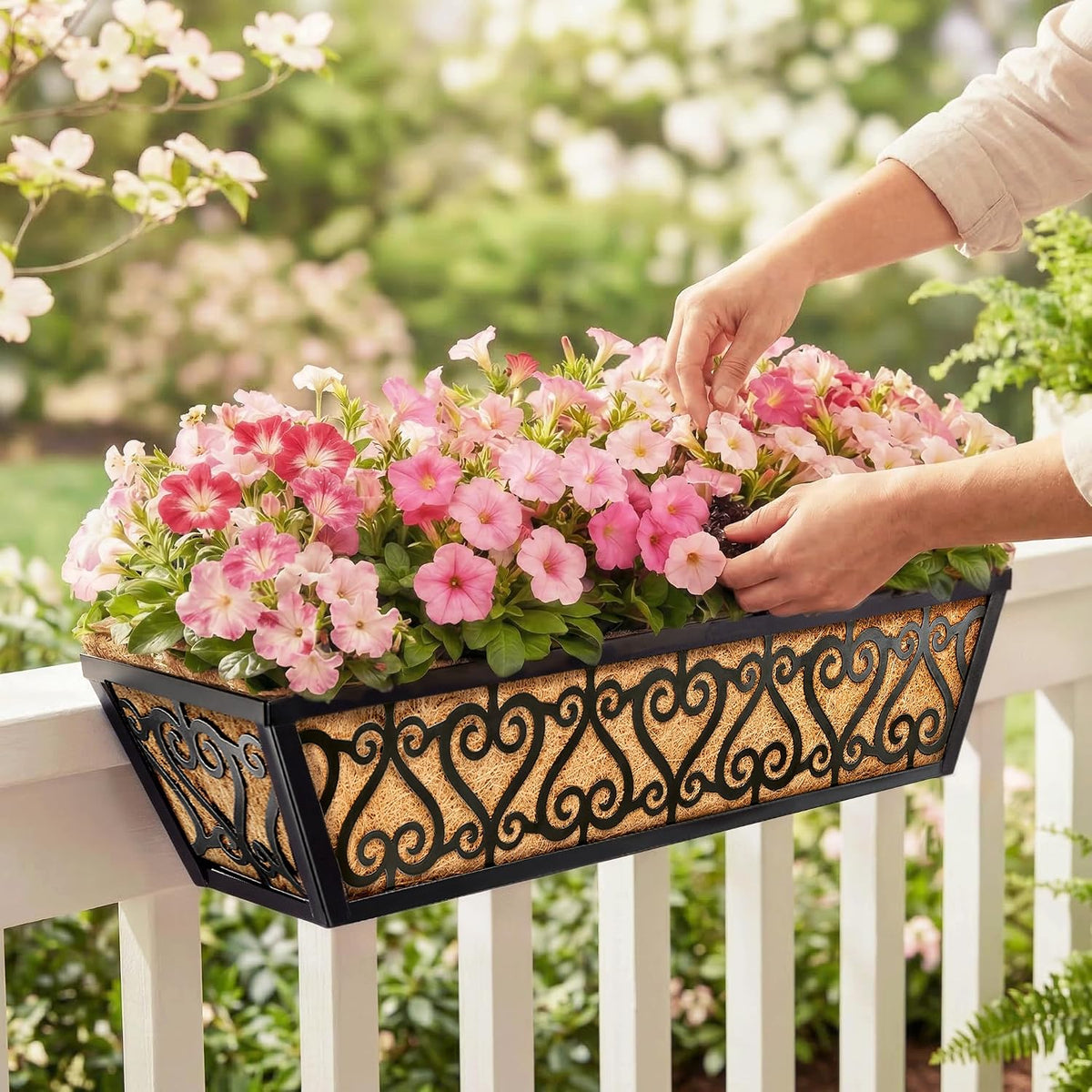 2 Pack 30 Inch Deck Railing Planter Box - Window Boxes Planters with Adjustable Brackets Coco Liners Balcony Planters Railing Hanging for Window Flower Boxes Outdoor Garden Decor