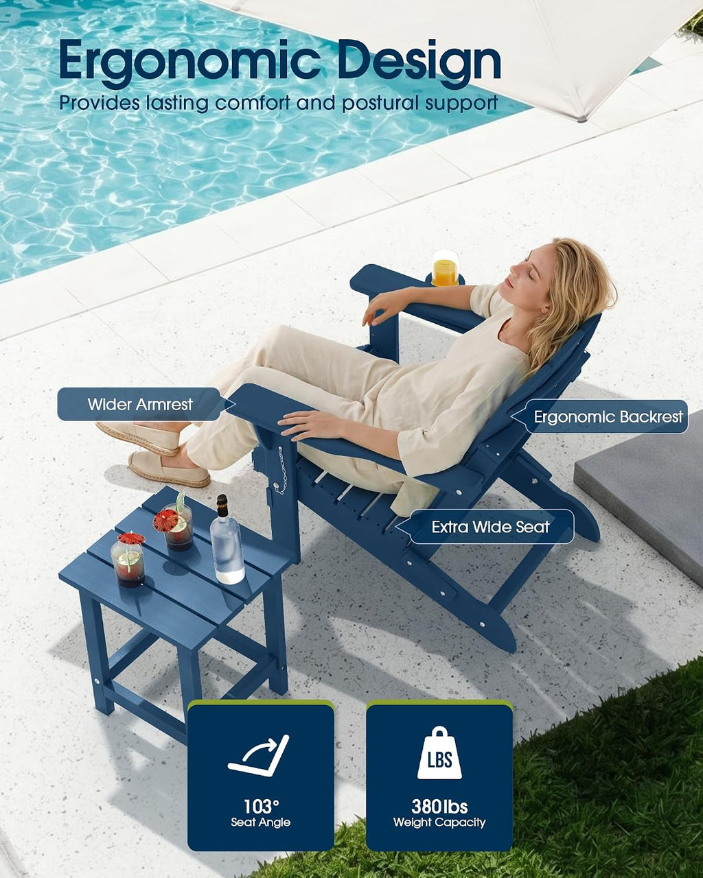 MUCHENGHY Folding Adirondack Chairs Set 4, HDPE for Fire Pit, Navy Blue (Set of 4)