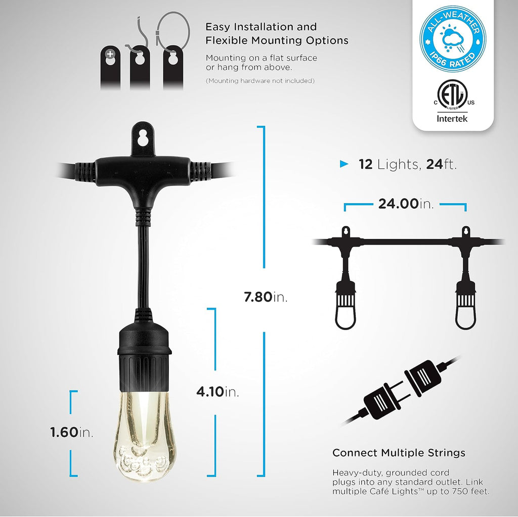 Enbrighten Vintage Outdoor String Lights, 24ft, 12 Bulbs, Remote Control