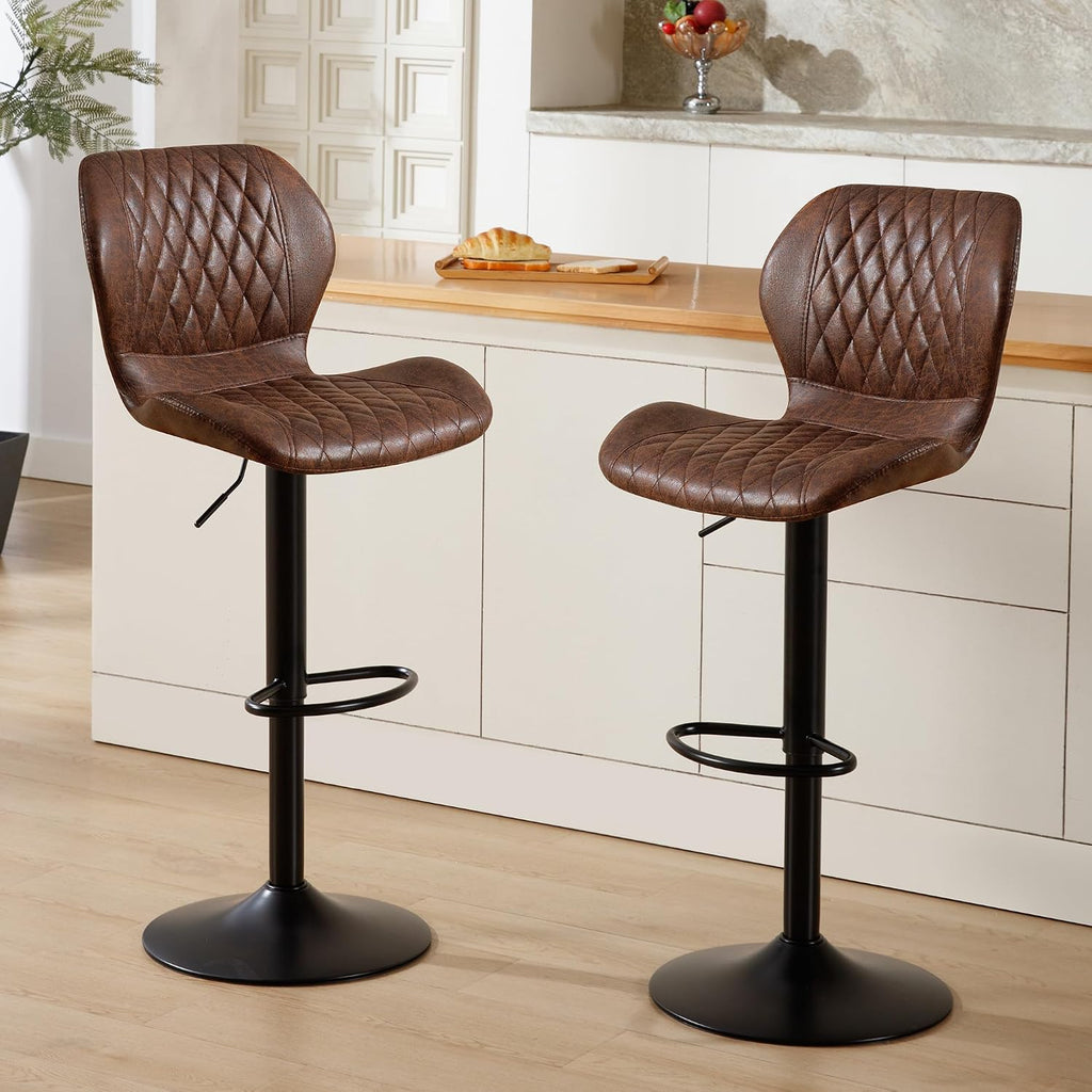 Bar Stools Set of 2, Modern Swivel Counter Height Barstools for Kitchen Island Chairs, Adjustable Fabric Bar Stools with Back for Kitchen Counter Bar, Brown