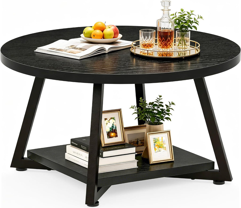 Coffee Tables for Living Room, 27.6" Round Coffee Table, Black Coffee Table