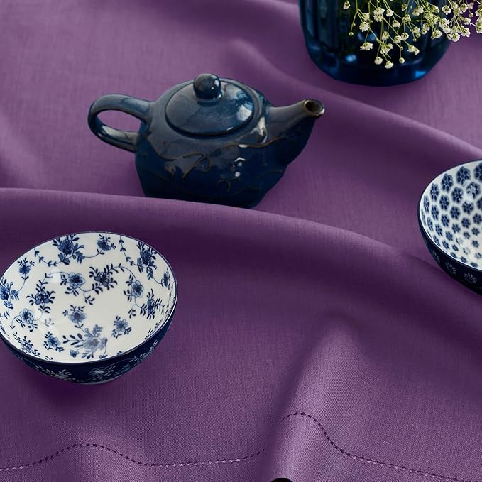 Solino Home Linen Tablecloth for Rectangle Tables 60 x 132 Inch - Classic Hemstitch 100% Pure Linen Purple Table Cloth - Machine Washable Cloth Tablecloth for Fall, Autumn, Halloween, Thanksgiving