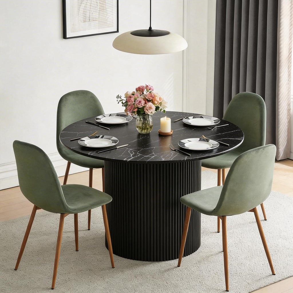 Dining Table Set for 4, Mid Century Modern 47 Inch Black Marble-Look Wooden Round Dining Table Set, Space Saving (Table + 4 Green Chairs)