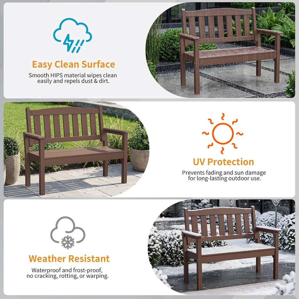 Psilvam 2-Person Poly Lumber Outdoor Garden Bench 700 Lbs Capacity, Brown