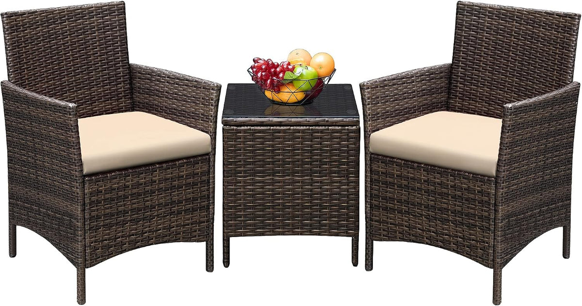 Greesum 3 Pieces Patio Furniture Sets Outdoor PE Wicker Chairs,Beige