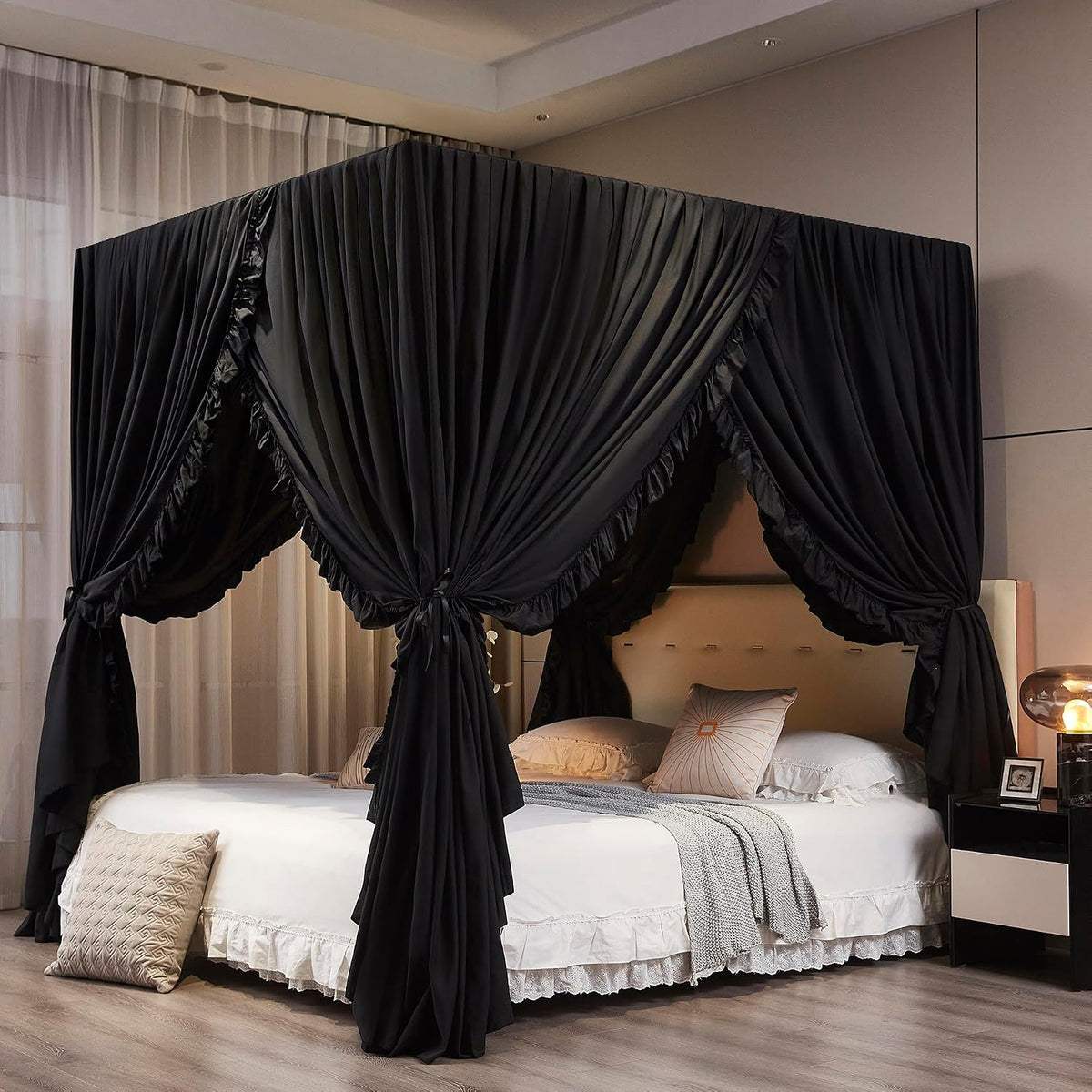 Mengersi Black Canopy Bed Curtains Queen Size,Royal Breathable Lightweight Private Space-Elegant Bed Curtains Bedroom Decoration Accessories for Adults