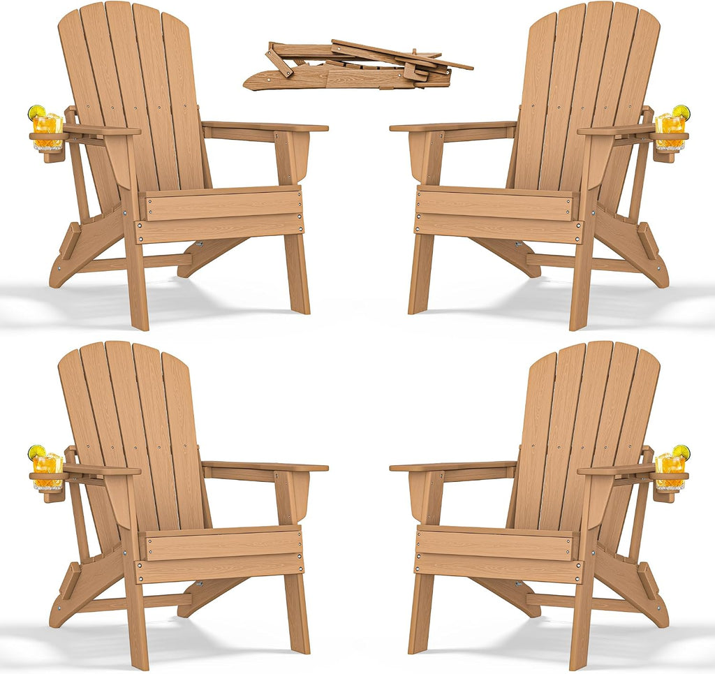 nevilywood Folding Adirondack Chairs Set of 4, HDPE Cup Holders, Teak