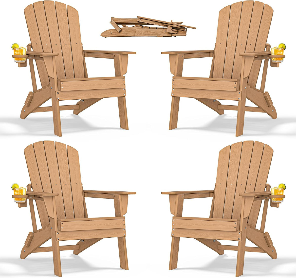nevilywood Folding Adirondack Chairs Set of 4, HDPE Cup Holders, Teak