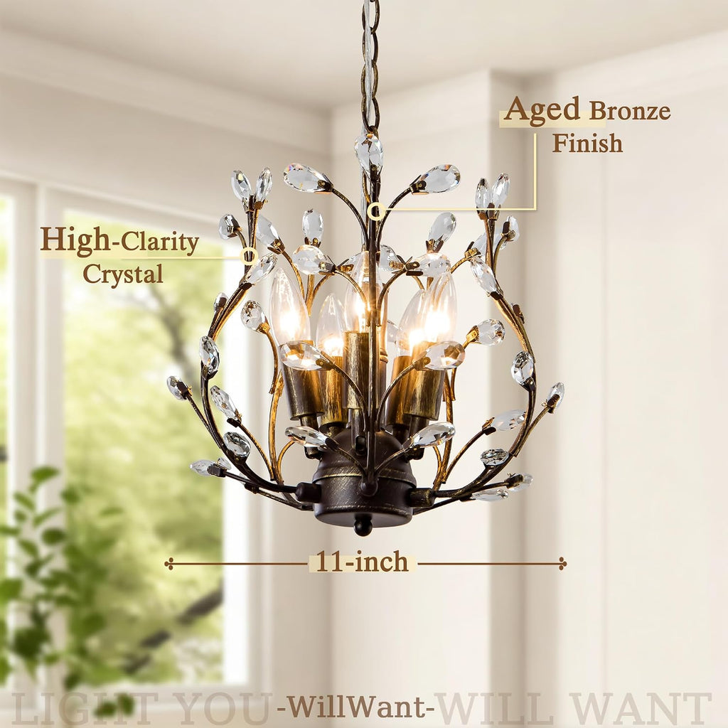 Vintage 5 Light Crystal Chandelier for Dining Room, Aged Bronze Tree Branch