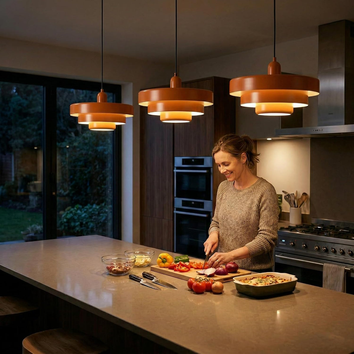 modern tiered metal pendant light, adjustable height ceiling, close-up detail