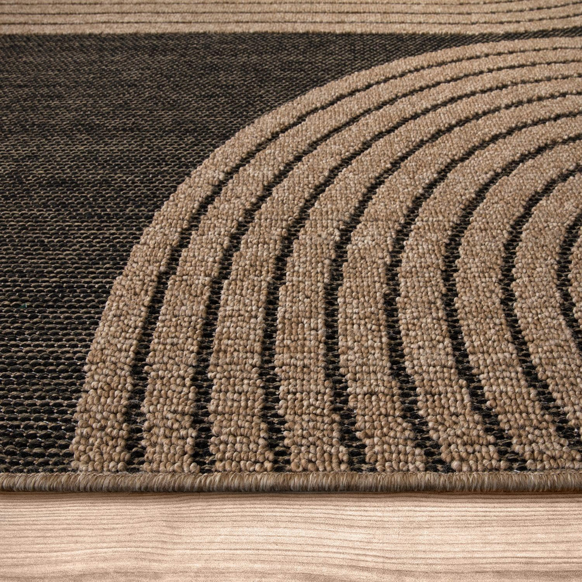 Paco Home in- & Outdoor Rug Natural Look with Modern Curved Lines in Beige Black, Size: 5'3" x 7'3"