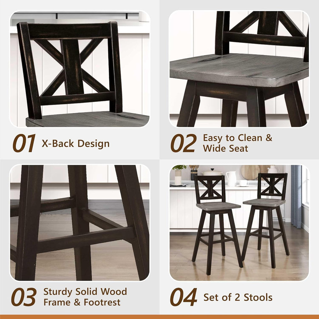 Lexicon Swivel Bar Height Stools Set of 2, X Back, Antique Black/Grey