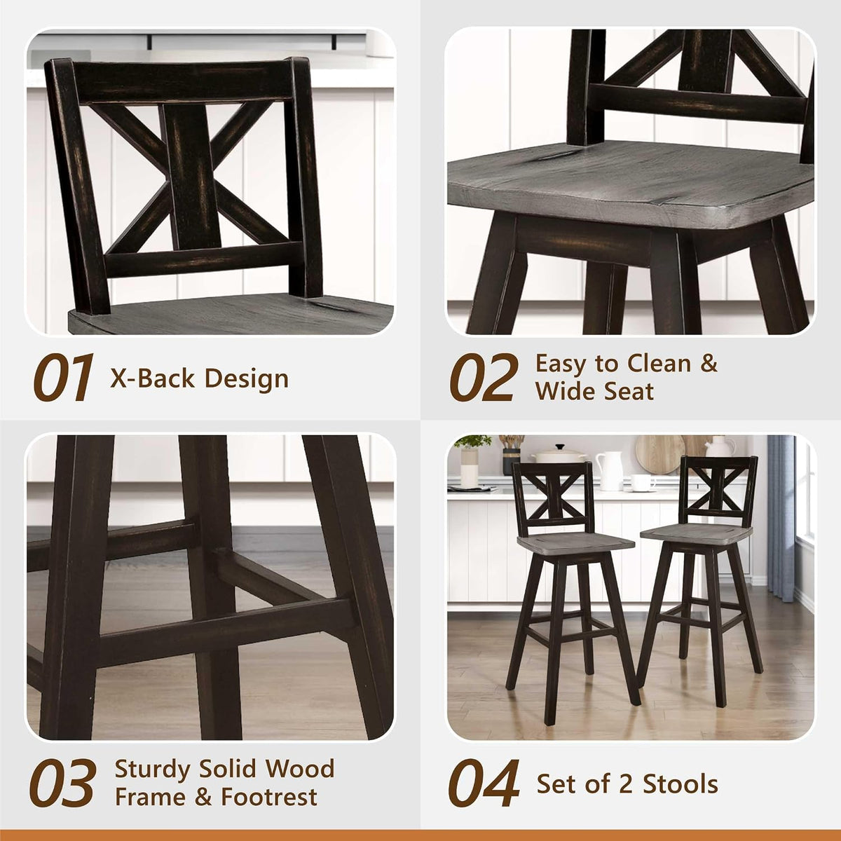 Lexicon Swivel Bar Height Stools Set of 2, X Back, Antique Black/Grey