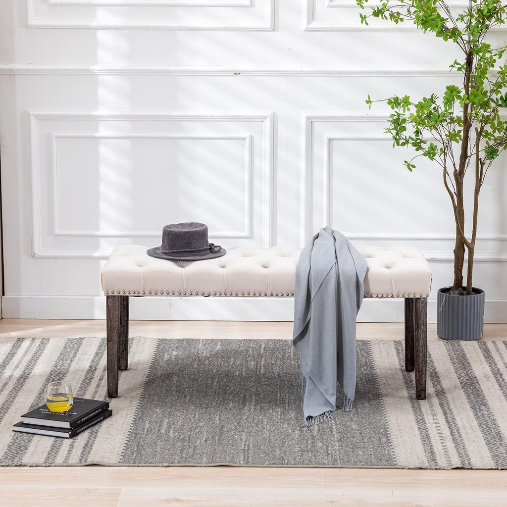 KCC Button-Tufted Ottoman Bench, Upholstered Velvet Bedroom Benches,Beige