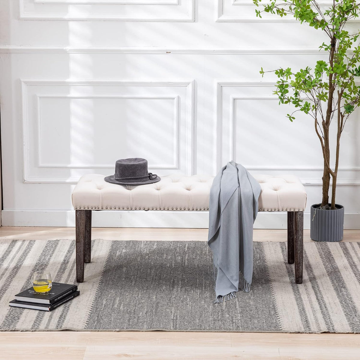 KCC Button-Tufted Ottoman Bench, Upholstered Velvet Bedroom Benches,Beige